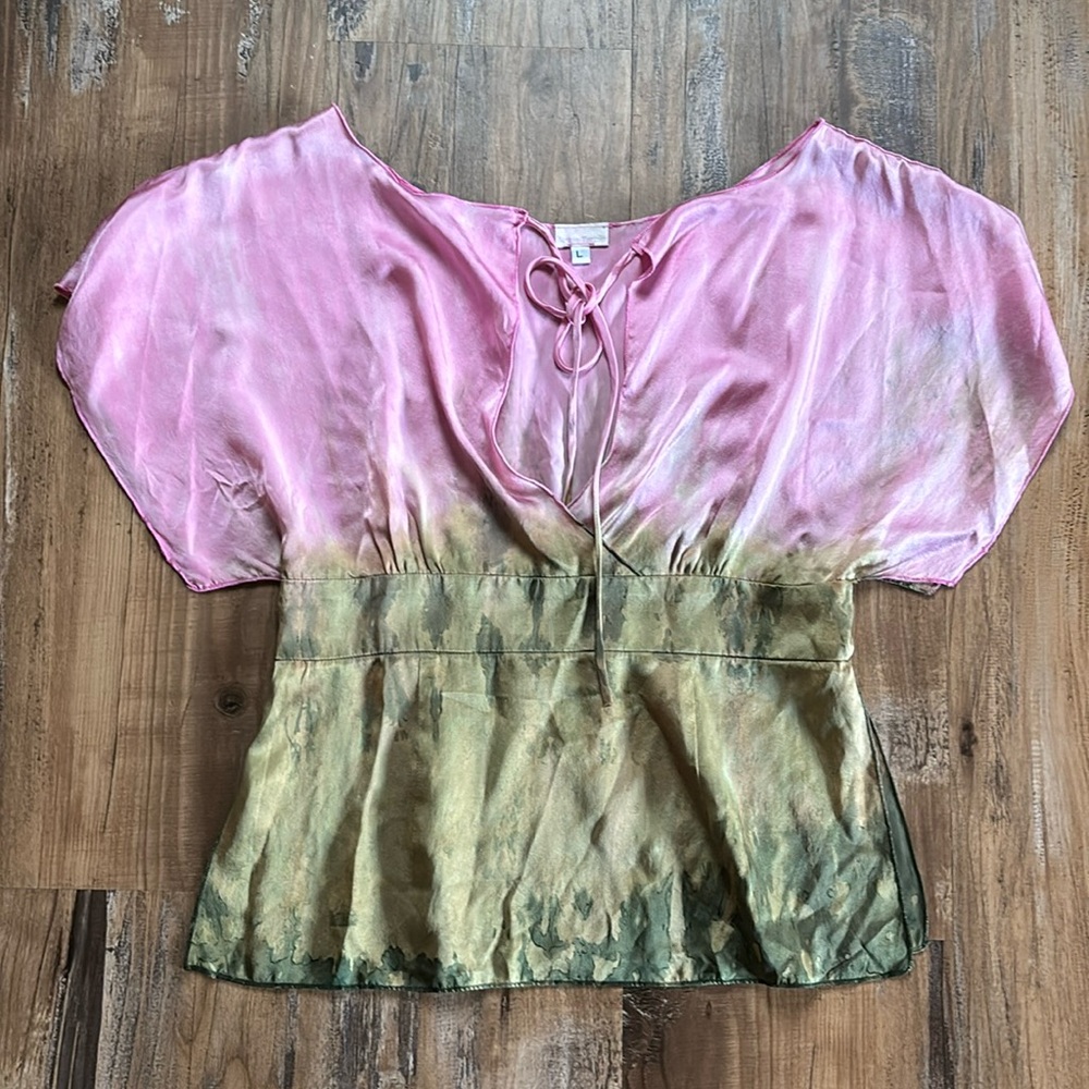 Annie Turbin Pink/Green Satin Tie Dye Top